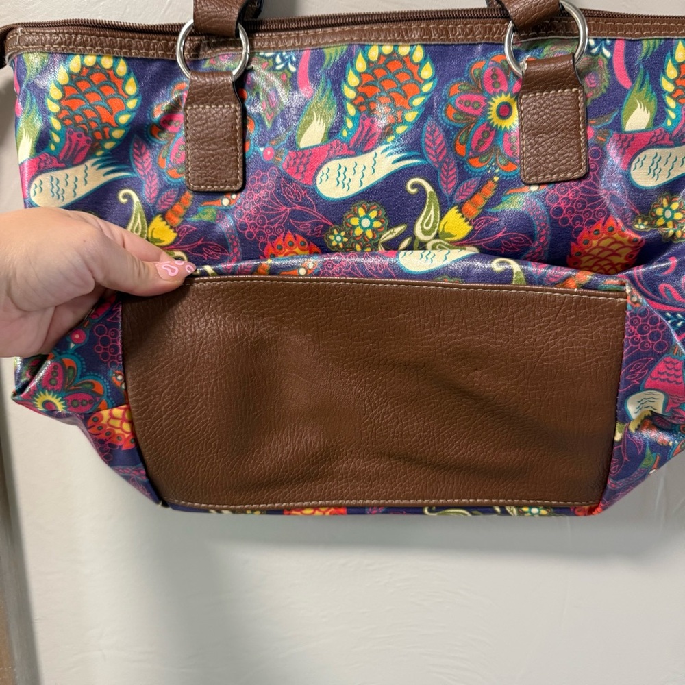 Lily Bloom Peacock Colorful Floral Shoulder Bag Purse Tote Lg Zip Top Abstract - Picture 6 of 7